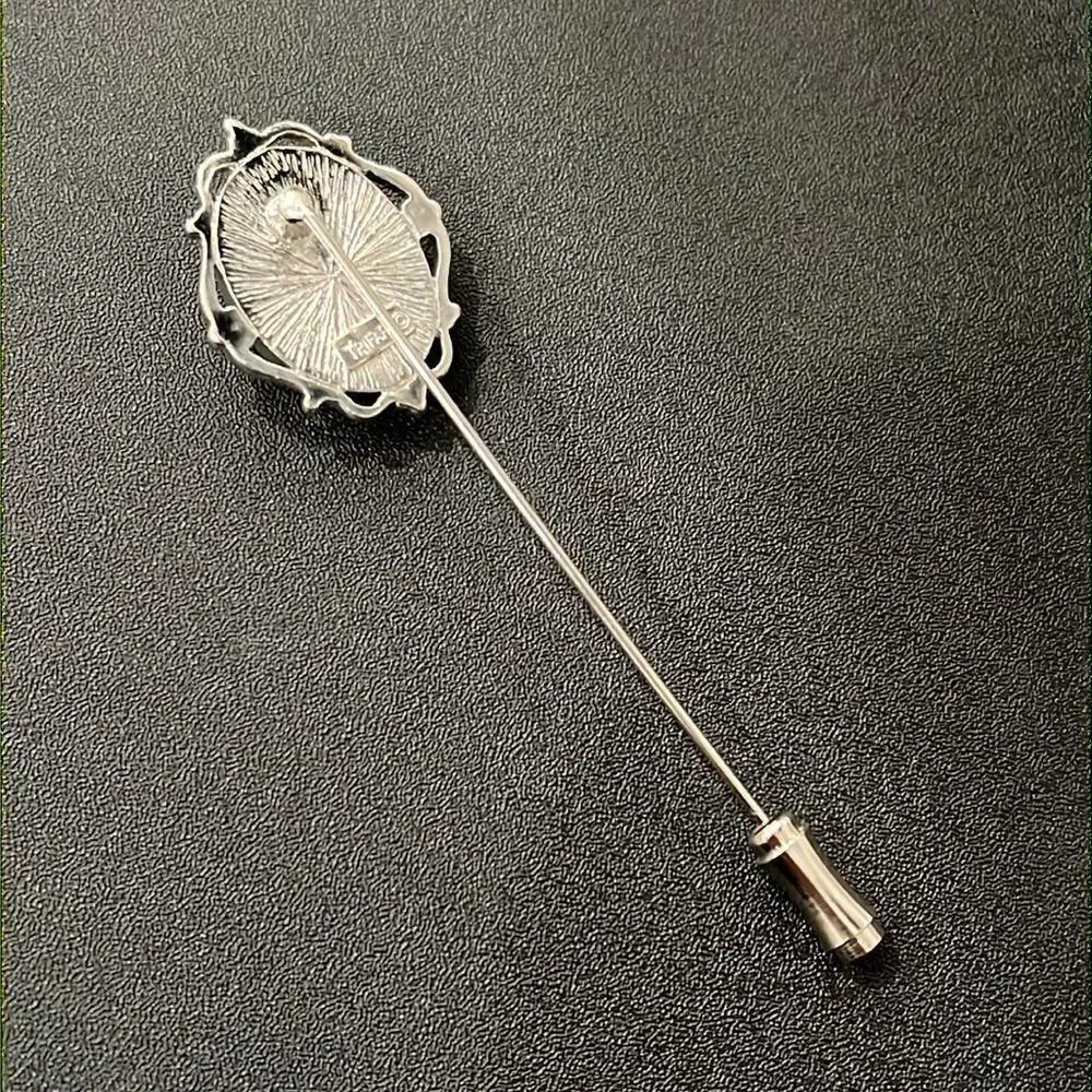 Trifari Vintage Cameo Hat Pin Brooch Stick Pin Silver Tone Blue White 3 Inch - Picture 3 of 10